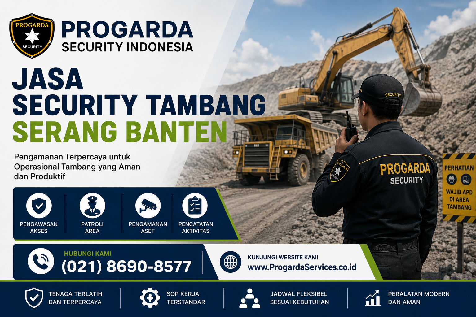 Jasa security tambang Serang Banten dengan petugas keamanan profesional yang melakukan pengawasan di area pertambangan dengan alat berat.