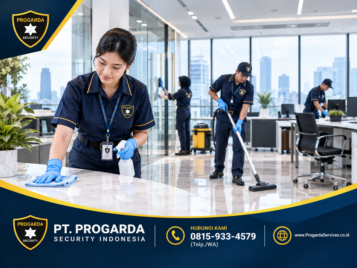 Jasa cleaning service terbaik di Indonesia oleh PT. PROGARDA SECURITY INDONESIA untuk menjaga kebersihan kantor dan lingkungan kerja secara profesional.